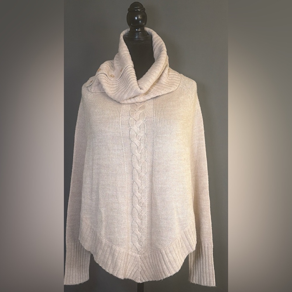 RD Style Tan Cream Cable Knit Cowl Neck Poncho Sweater M